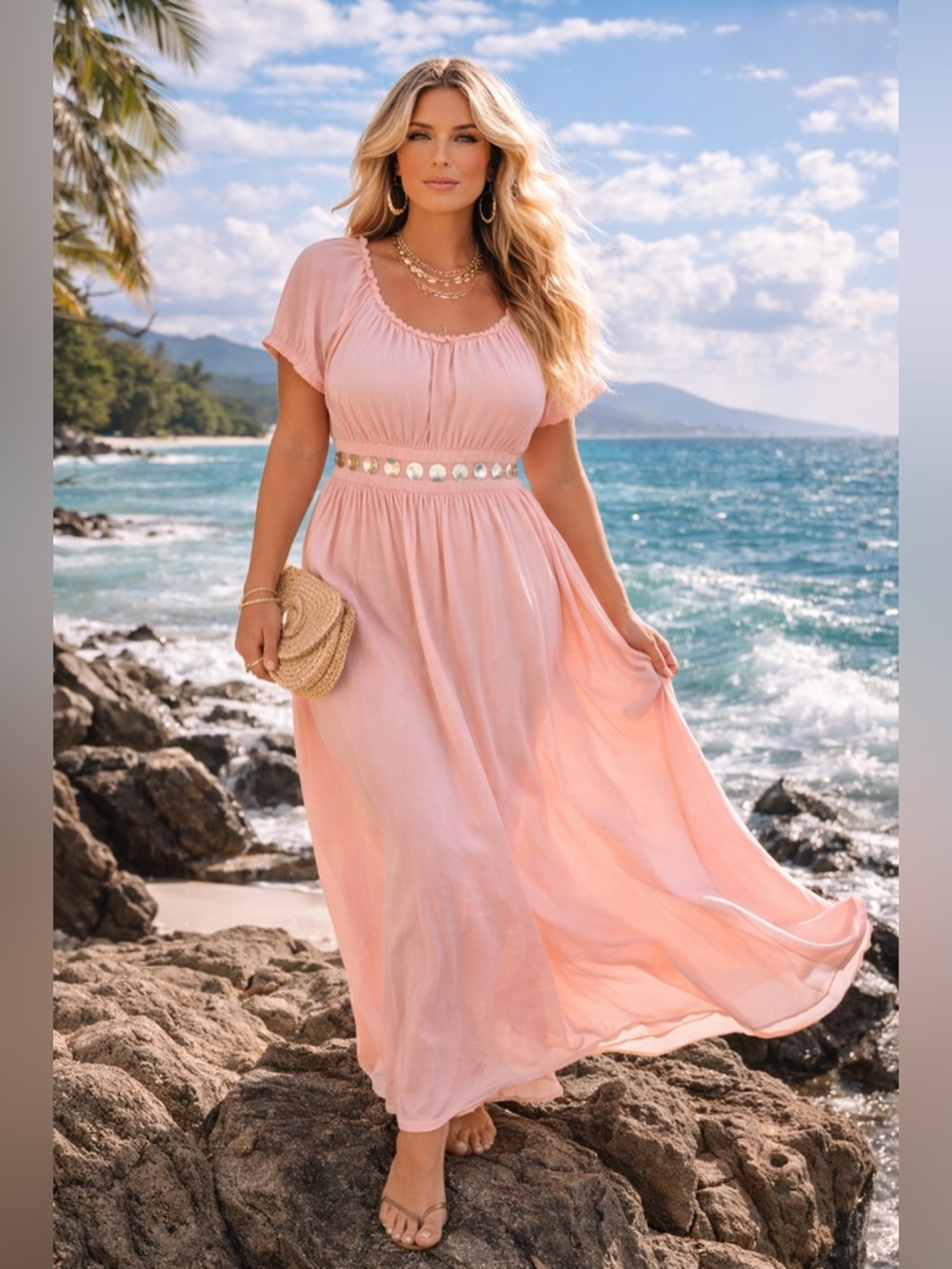 ANGELS BY THE SEA HAWAII $115 Coral Shell Waist Maxi Dress Sz XL 100% Rayon Boho